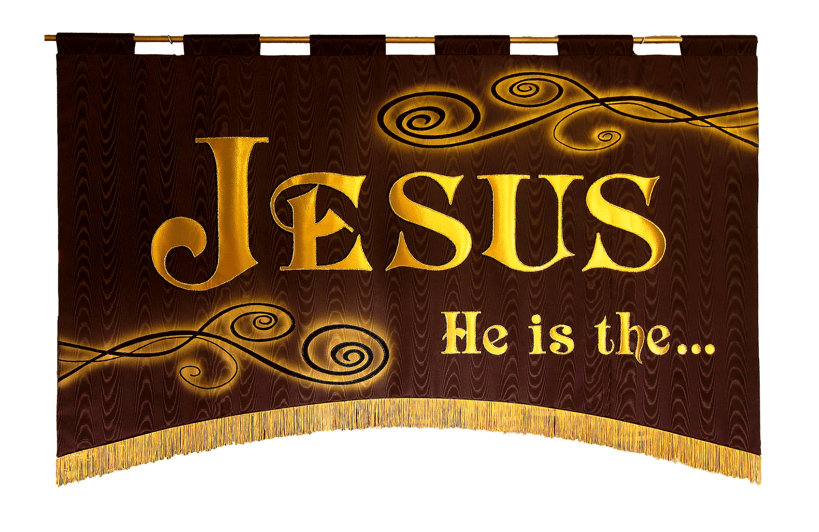 This Church Fabric Wall Banner has a brown background which provides contrast with the gold lame letters