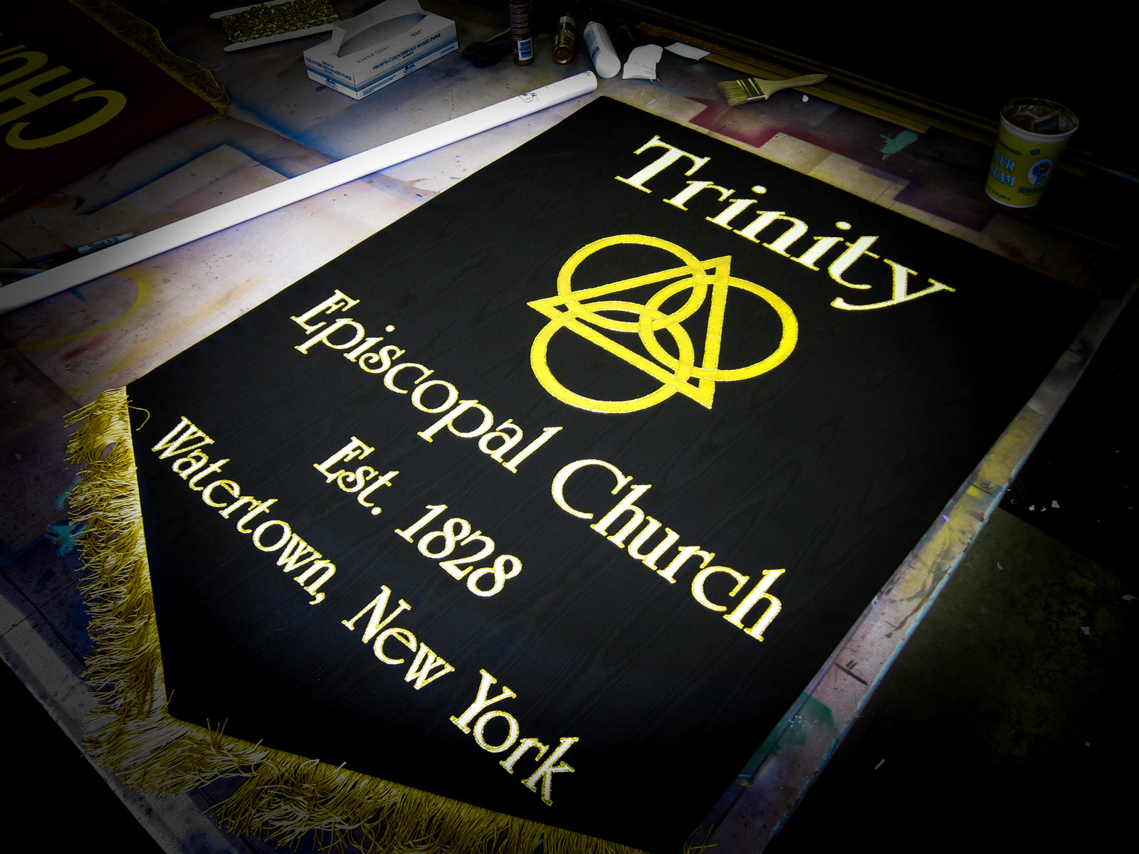 The black background on this church fabric wall banner looks really dazzling